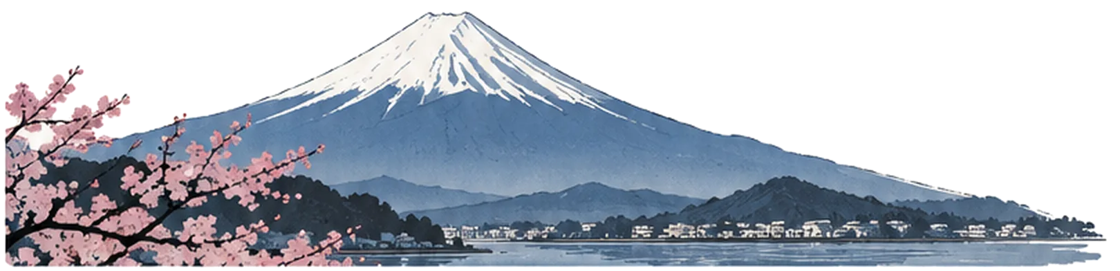 Mount Fuji above a lake town, with a cherry blossom branch